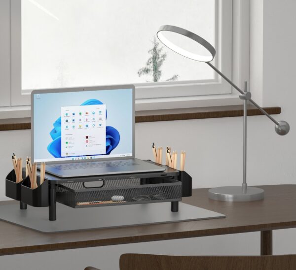 Supporto per Monitor Ergonomico Regolabile a 3 Altezze con Cassetto e Portaoggetti - immagine 9