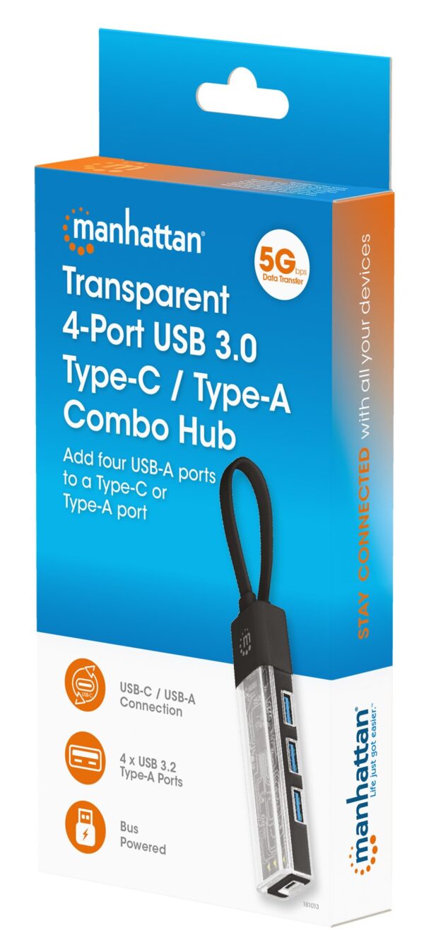 Hub Combo USB 3.0 USB-C™ e USB-A 4 Porte Nero Trasparente - immagine 2