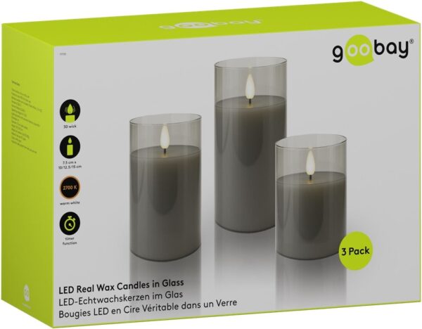 Set di 3 Candele a LED in Vera Cera in Vetro con Timer Grigio - immagine 2