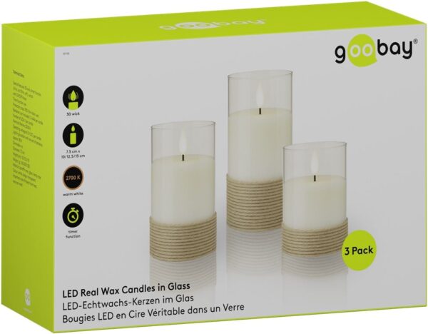 Set di 3 Candele a LED in Vera Cera Bianca in Vetro e Canapa con Timer - immagine 2