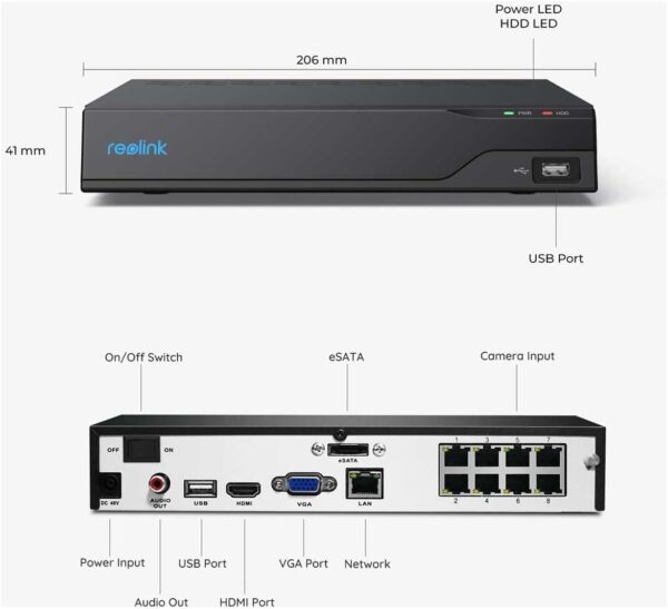 Videoregistratore NVR 4K PoE 8CH 2TB HDD con HDMI e VGA, PN-8 - immagine 2