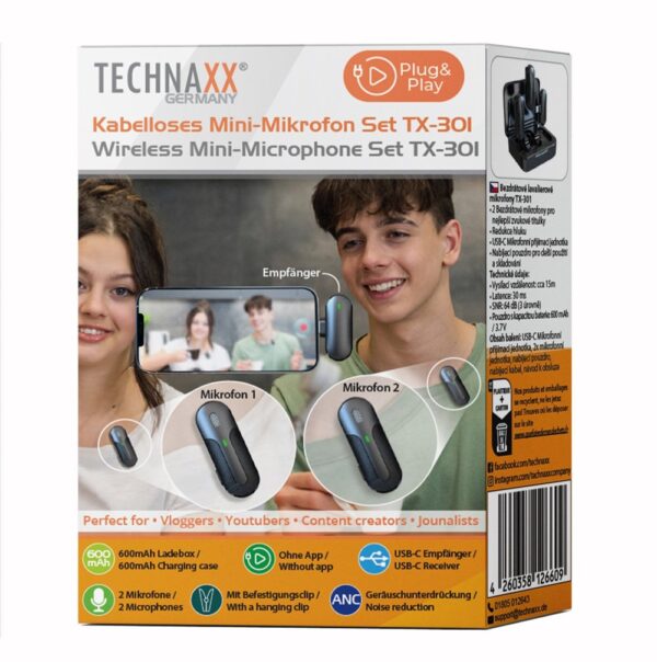 Set 2 Mini Microfoni Lavalier Wireless con Ricevitore USB-C™ e Custodia di Ricarica, TX301 - immagine 2