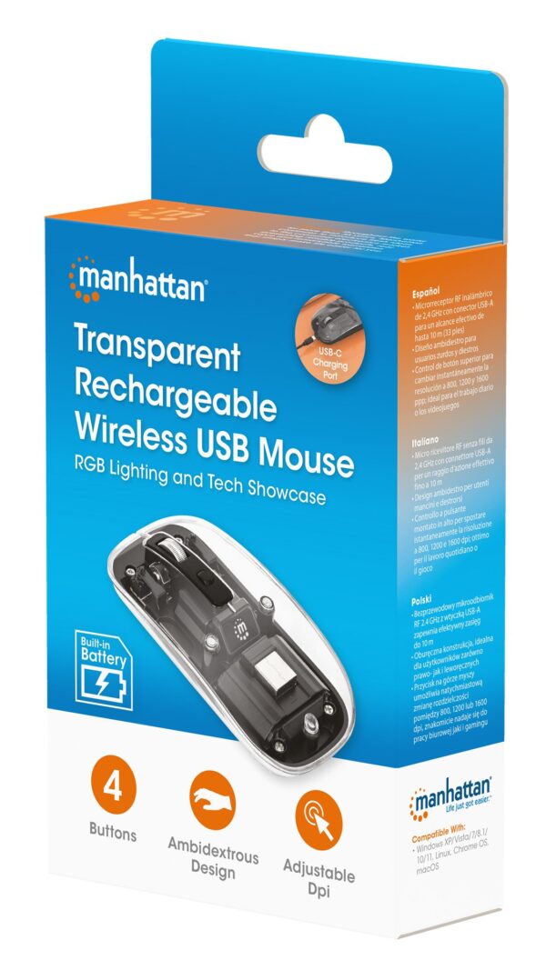 Mouse Ottico Wireless 800-1600 dpi con Micro Ricevitore USB Nero Trasparente - immagine 2