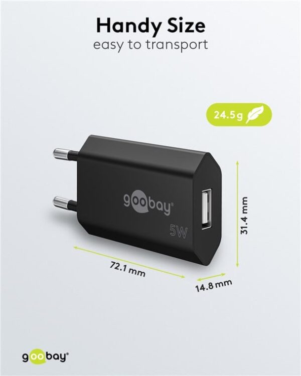 Caricatore USB 1A 5W Compatto Spina Europea Nero - immagine 2