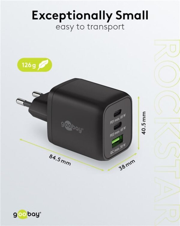 Nano Caricatore Alimentatore GaN 2xUSB-C™ (PD) + USB-A (QC) da Muro 65W Nero - immagine 2
