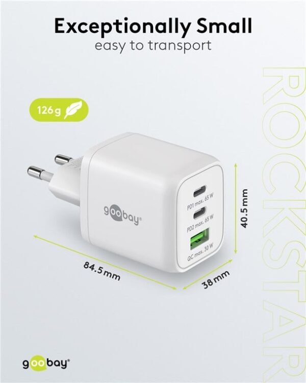 Nano Caricatore Alimentatore GaN 2xUSB-C™ (PD) + USB-A (QC) da Muro 65W Bianco - immagine 2
