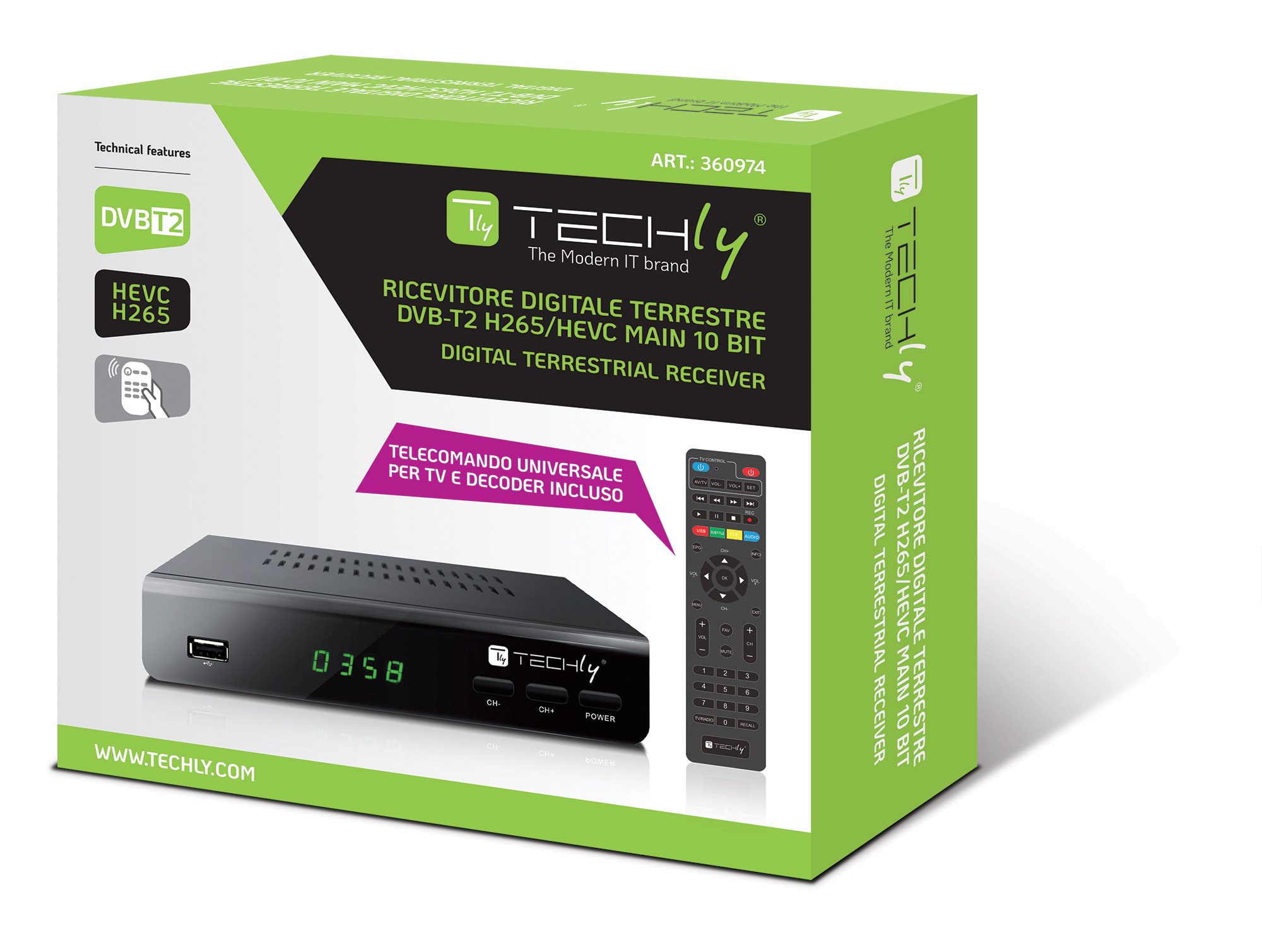 Decoder Ricevitore Digitale Terrestre DVB-T/T2 H.265 HEVC 10bit Metallo con Telecomando Universale 2 in 1 con Alimentatore 12V - immagine 3