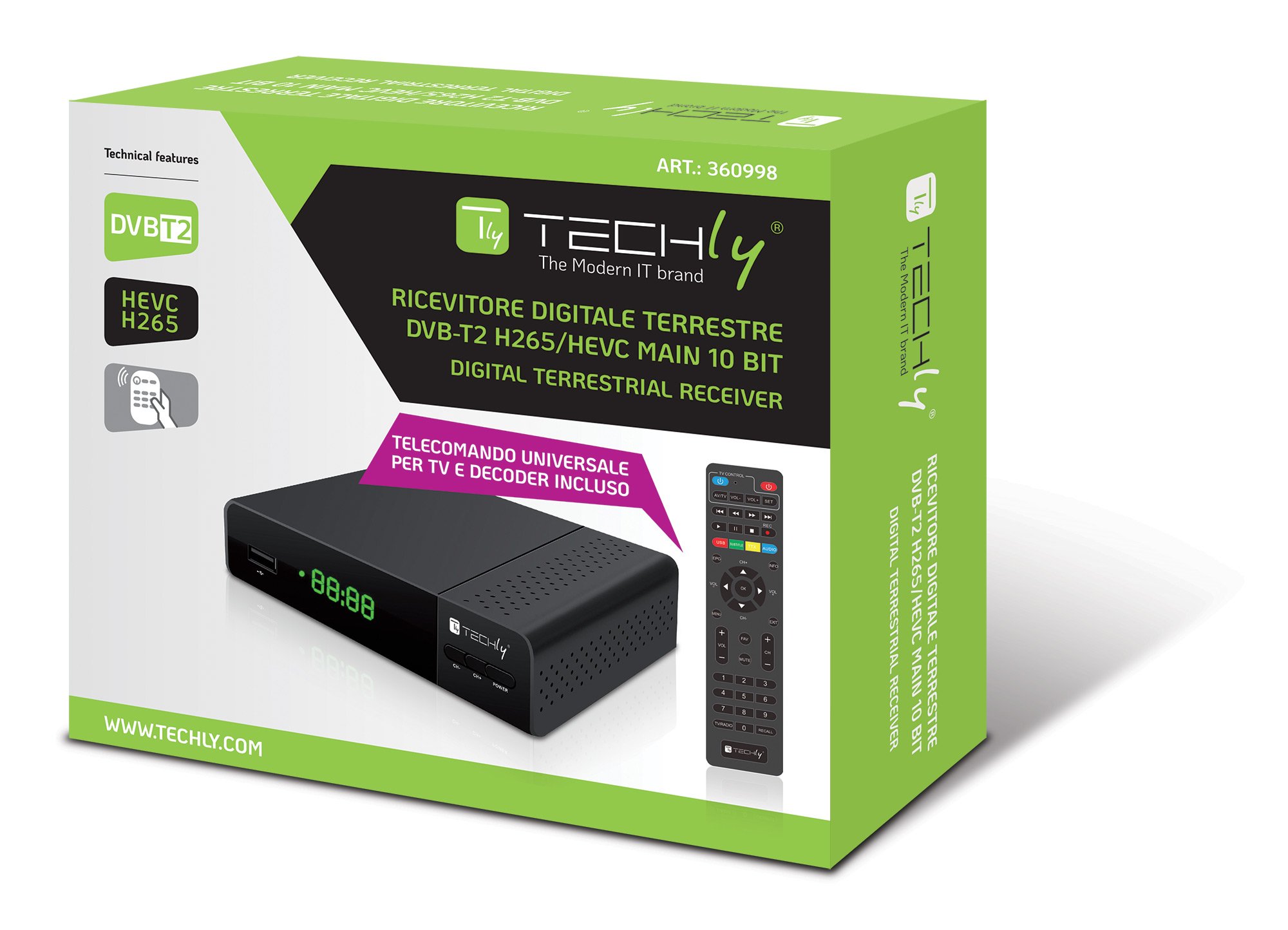 Decoder Ricevitore Digitale Terrestre DVB-T/T2 H.265 HEVC 10bit con Display e Telecomando Universale 2 in 1 - immagine 2