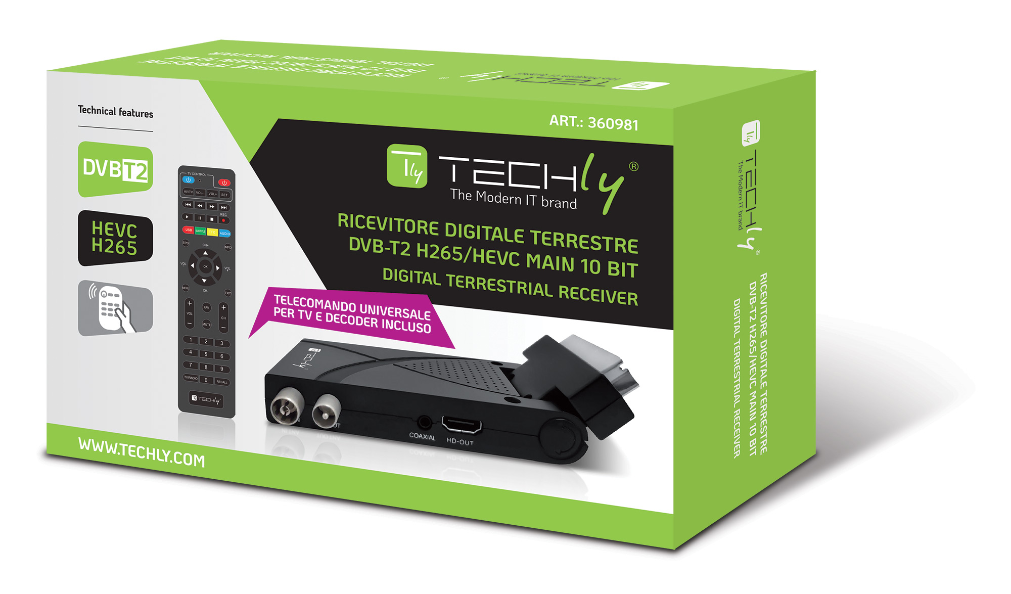 Decoder Ricevitore Digitale Terrestre DVB-T/T2 H.265 HEVC 10bit USB HDMI Scart 180° e Telecomando Universale 2 in 1 - immagine 2