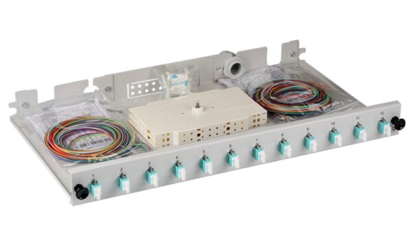 Cassetto Ottico 19'' Assemblato con 12 Bussole e 24 Pigtails LC Duplex Multimodale OM3 - immagine 2