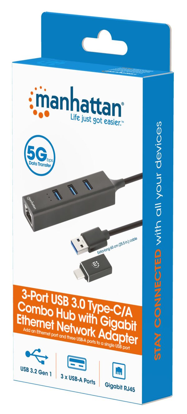 Hub USB 3.0 3 Porte Combo Type-C/A con Adattatore di Rete Gigabit - immagine 2