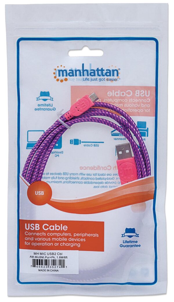 Cavo Micro USB Guaina Intrecciata USB/MicroUsb 1.8m Viola/Fucsia - immagine 2