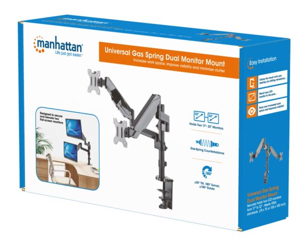 Supporto da Scrivania Doppio Monitor 17-32'' con molla a gas Nero - immagine 2