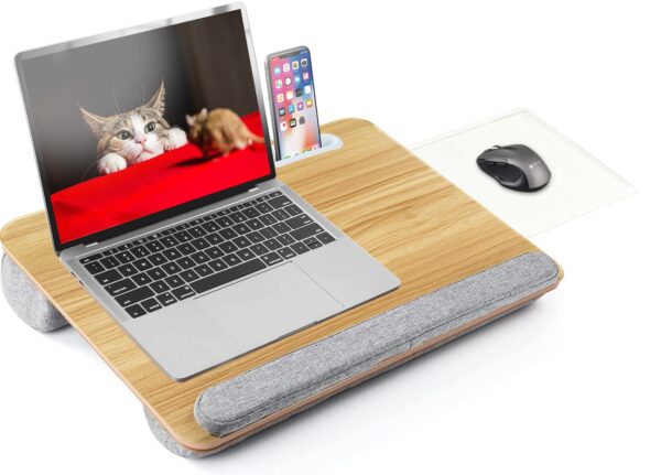 Scrivania Portatile per Laptop Supporto Bambù con Base Imbottita e Stand per Tablet