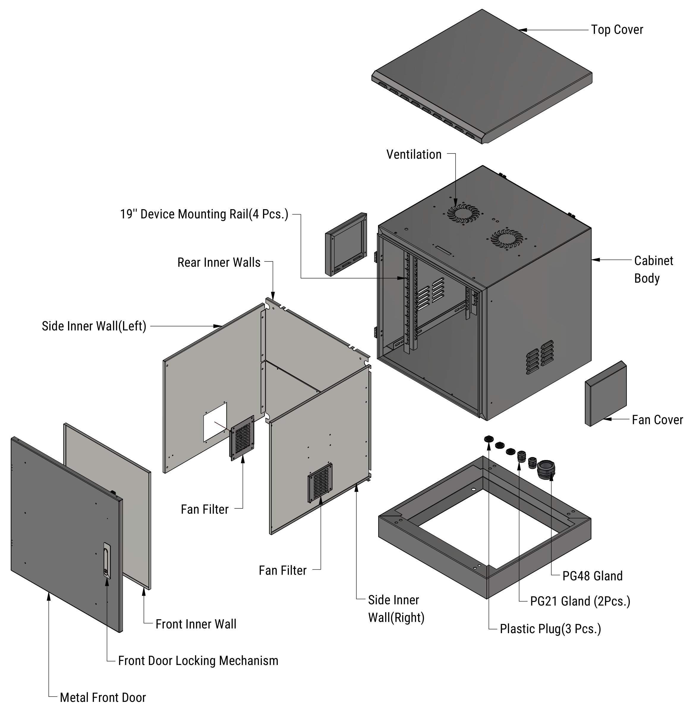 Armadio Rack 19'' a Pavimento 16U grigio IP66 Porta cieca prof. 600 mm - immagine 3