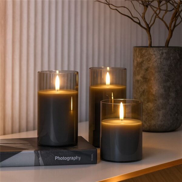 Set di 3 Candele a LED in Vera Cera in Vetro con Timer Grigio - immagine 3