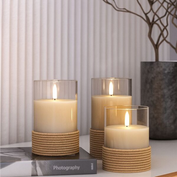 Set di 3 Candele a LED in Vera Cera Bianca in Vetro e Canapa con Timer - immagine 3