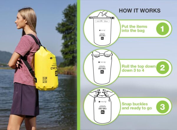 Sacca Impermeabile 20L Dry Bag con Tracolla Regolabile Giallo - immagine 3