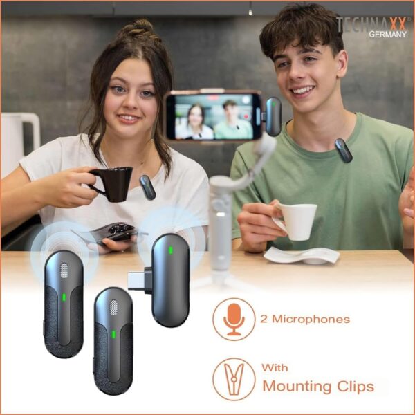 Set 2 Mini Microfoni Lavalier Wireless con Ricevitore USB-C™ e Custodia di Ricarica, TX301 - immagine 3
