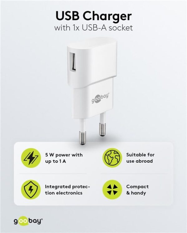 Caricatore USB 1A 5W Compatto Spina Europea Bianco - immagine 3