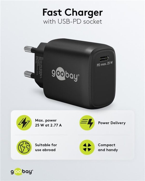 Caricatore Alimentatore GaN USB-C™ PD da Muro 25W Nero - immagine 3