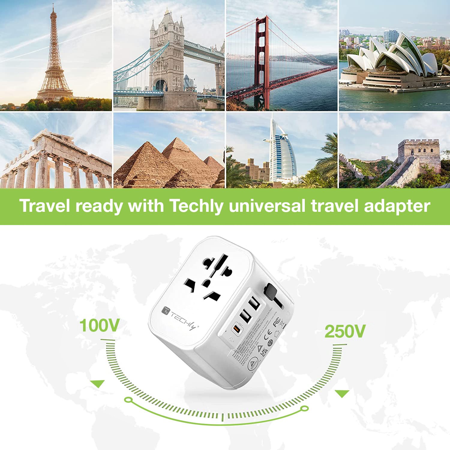 Adattatore da Viaggio Universale 150 Paesi 2 porte USB-A e 1 porta USB-C™ Bianco - immagine 3