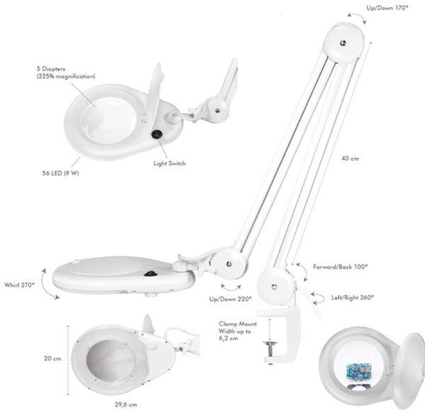 Lampada LED con Lente d'ingrandimento a 5 Diottrie Attacco a Morsetto - immagine 3
