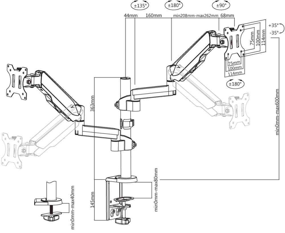 Supporto da Scrivania Doppio Monitor 17-32'' con molla a gas Nero - immagine 3
