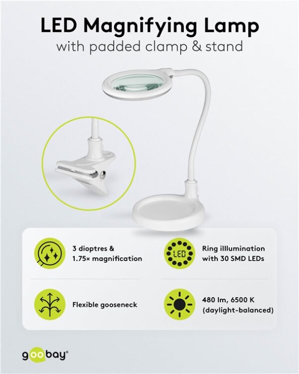 Lampada LED con Lente d'ingrandimento Base di Appoggio e Clip da Tavolo 6W Bianco - immagine 7