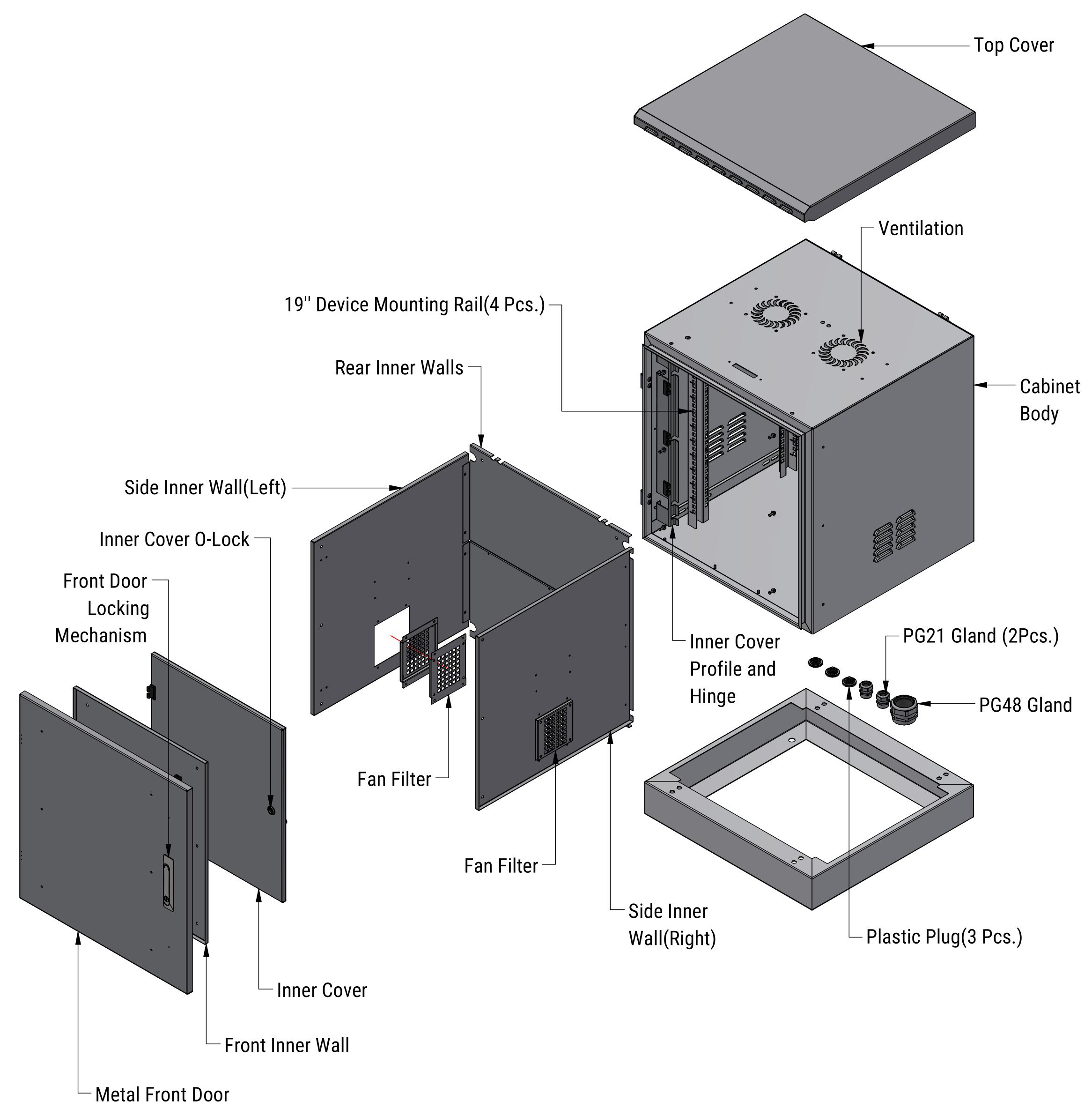 Armadio Rack 19'' a Pavimento 16U grigio IP66 Doppia Porta Cieca prof. 600 mm - immagine 4