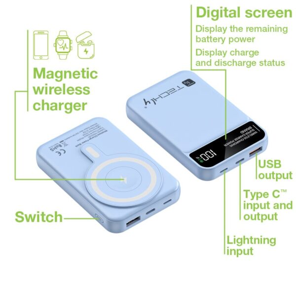Power Bank Wireless Magnetico 3 in 1 con LED 10.000 mAh 22,5W Azzurro - immagine 4