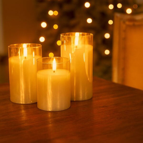Set di 3 Candele a LED in Vera Cera in Vetro con Timer Oro - immagine 4