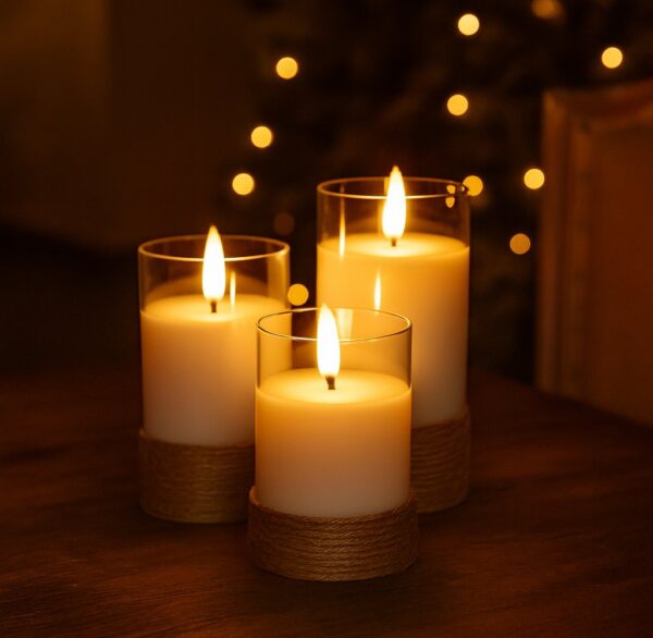 Set di 3 Candele a LED in Vera Cera Bianca in Vetro e Canapa con Timer - immagine 4