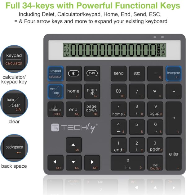 Tastierino Numerico BT V5.0 Wireless 2in1 con Calcolatrice Grigio Scuro - immagine 4