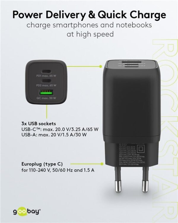 Nano Caricatore Alimentatore GaN 2xUSB-C™ (PD) + USB-A (QC) da Muro 65W Nero - immagine 4