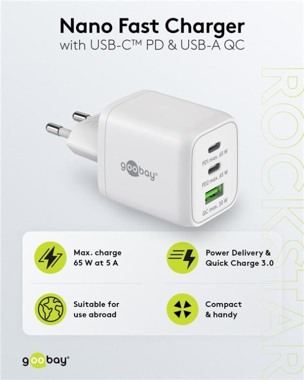 Nano Caricatore Alimentatore GaN 2xUSB-C™ (PD) + USB-A (QC) da Muro 65W Bianco - immagine 4