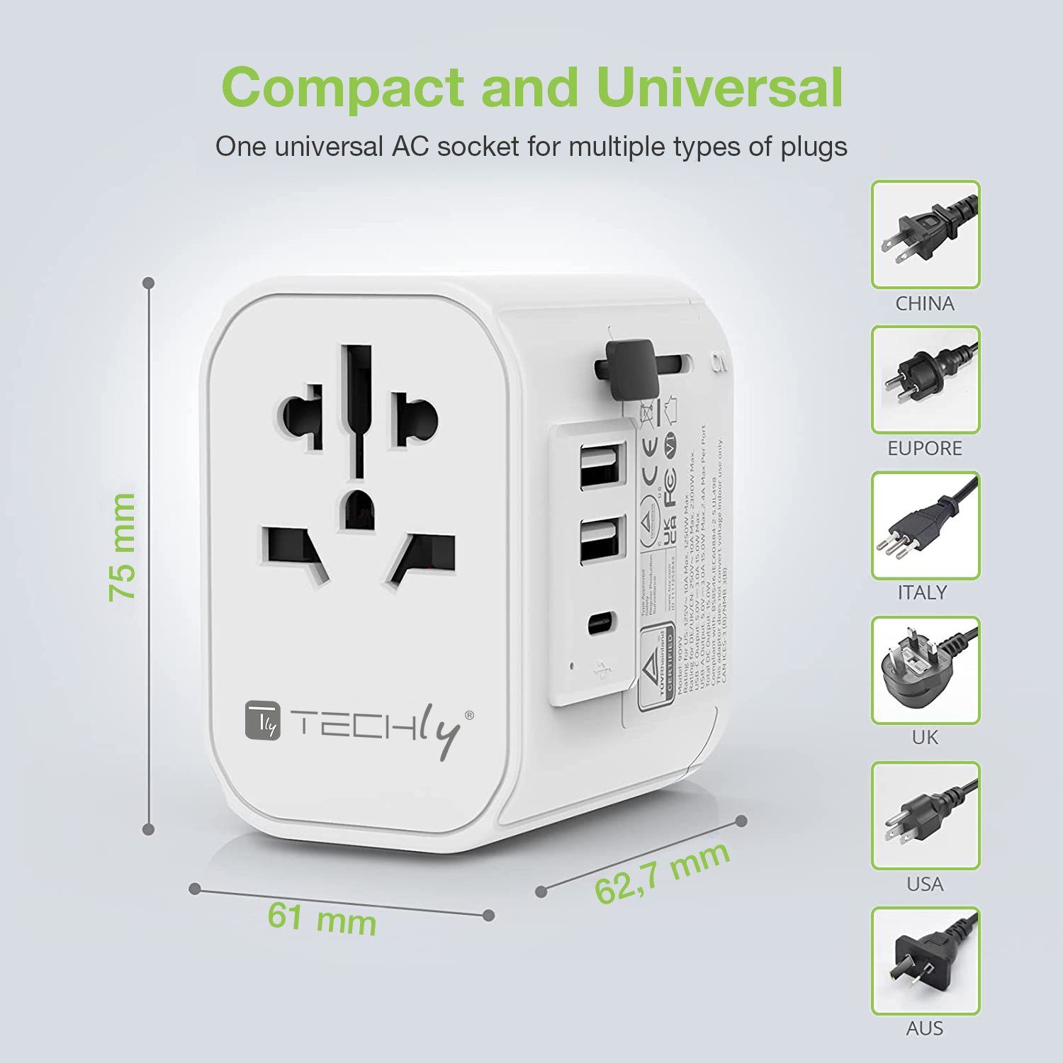 Adattatore da Viaggio Universale 150 Paesi 2 porte USB-A e 1 porta USB-C™ Bianco - immagine 4