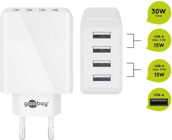 Caricatore da Muro USB a 4 vie 30W Bianco - immagine 4