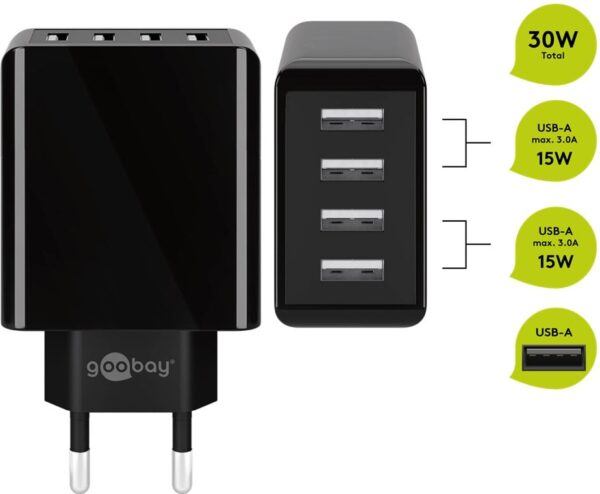 Caricatore da Muro USB a 4 vie 30W Nero - immagine 4