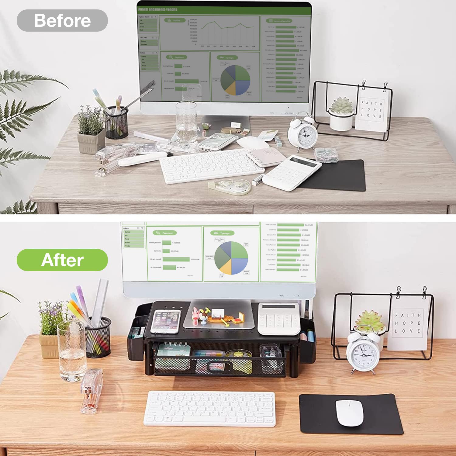 Supporto per Monitor Ergonomico Regolabile a 3 Altezze con Cassetto e Portaoggetti - immagine 3