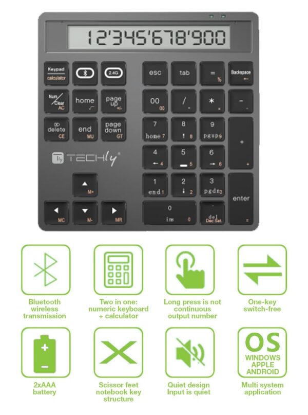 Tastierino Numerico BT V5.0 Wireless 2in1 con Calcolatrice Grigio Scuro - immagine 5