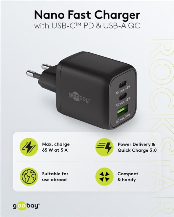 Nano Caricatore Alimentatore GaN 2xUSB-C™ (PD) + USB-A (QC) da Muro 65W Nero - immagine 5