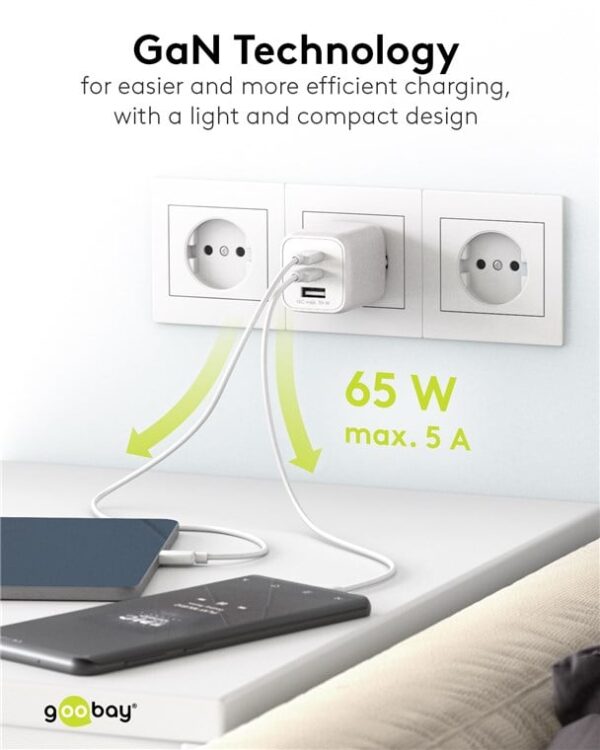 Nano Caricatore Alimentatore GaN 2xUSB-C™ (PD) + USB-A (QC) da Muro 65W Bianco - immagine 5