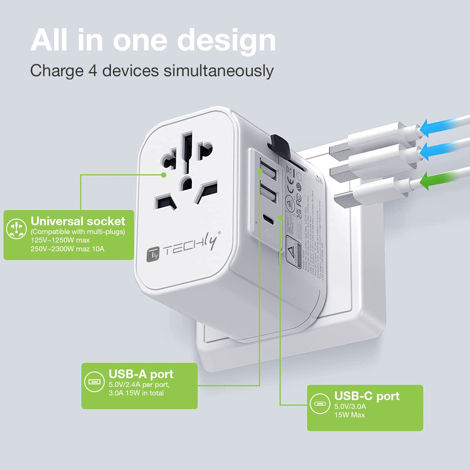 Adattatore da Viaggio Universale 150 Paesi 2 porte USB-A e 1 porta USB-C™ Bianco - immagine 5