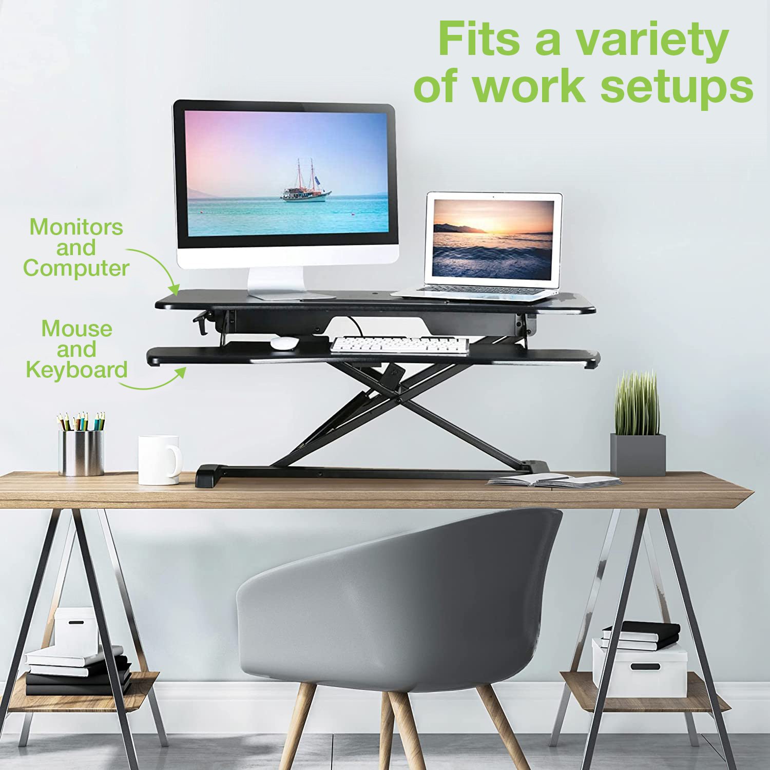 Convertitore da Scrivania In Piedi Sit Stand con Molla a Gas e Vassoio Porta Tastiera - immagine 5