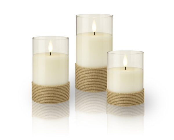 Set di 3 Candele a LED in Vera Cera Bianca in Vetro e Canapa con Timer - immagine 6