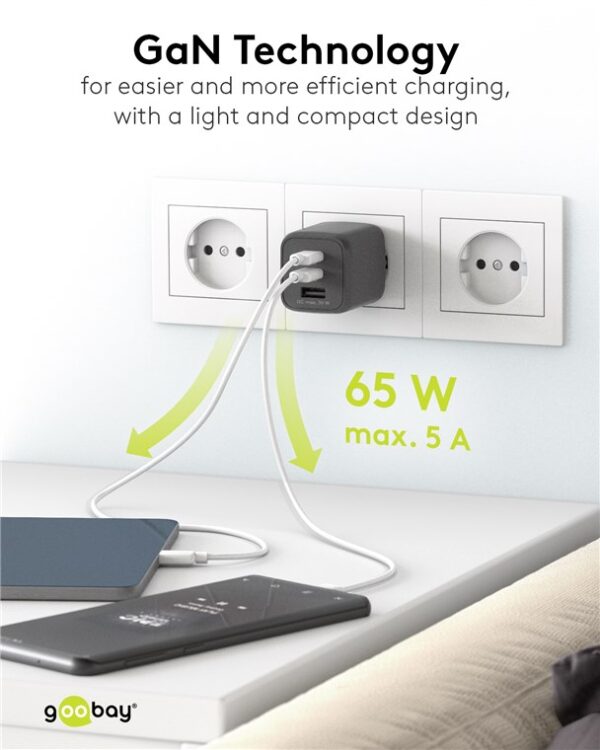 Nano Caricatore Alimentatore GaN 2xUSB-C™ (PD) + USB-A (QC) da Muro 65W Nero - immagine 6