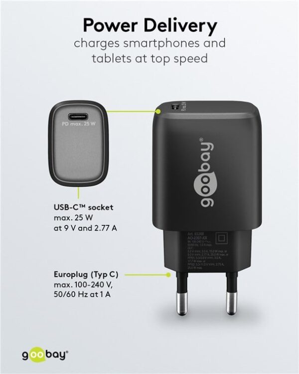Caricatore Alimentatore GaN USB-C™ PD da Muro 25W Nero - immagine 6