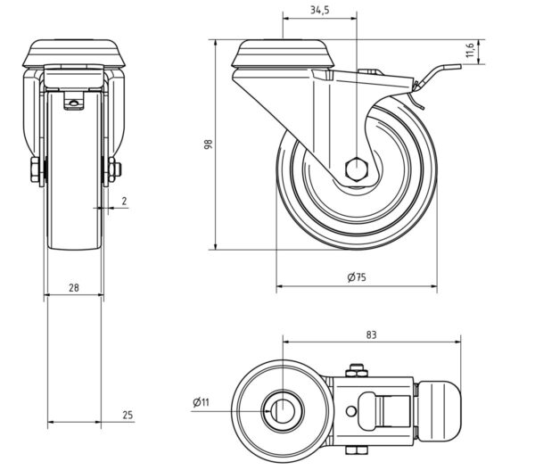 Kit 4 Ruote per Armadi Dotati di Foro per Perno M10 - immagine 5