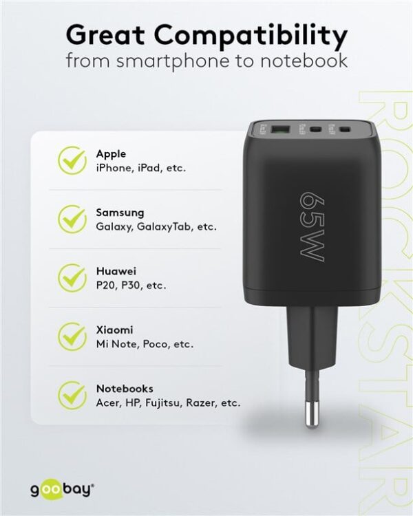 Nano Caricatore Alimentatore GaN 2xUSB-C™ (PD) + USB-A (QC) da Muro 65W Nero - immagine 7